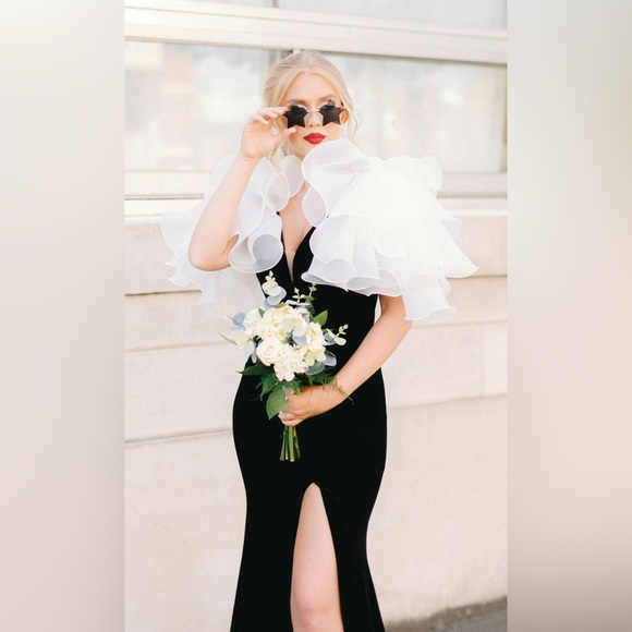 Velvet Gown with Shoulder Ruffle Detail - Picture 3 of 5